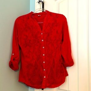 Pretty, red, embroidered three quarter/long sleeve shirt